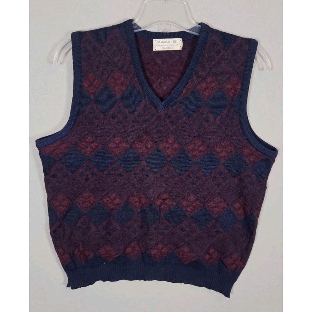 Vtg  Macaire Sweater Vest Mens  L Merino Wool lNavy Blue  Burgundy Argyle Canada